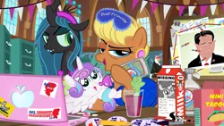 Size: 1024x576 | Tagged: alcohol, apple, artist:pixelkitties, baby bottle, bagpipes o'toole, bald eagle, computer, derpibooru import, food, gummy, harley quinn, laptop computer, milk carton, ms. harshwhinny, ms. harshwhinny's election campaign, politics, princess flurry heart, queen chrysalis, safe, scotch, ted cruz, the crystalling, twist, underaged drinking, votehorse
