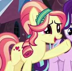 Size: 430x425 | Tagged: safe, derpibooru import, screencap, ruby love, scarlet heart, starlight glimmer, crystal pony, pony, the crystalling, background pony, cropped, female, mare, solo focus