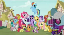 Size: 2048x1150 | Tagged: safe, derpibooru import, screencap, applejack, carrot cake, fluttershy, pinkie pie, rainbow dash, rarity, scootaloo, snails, snips, spike, starlight glimmer, sweetie belle, twilight sparkle, twilight sparkle (alicorn), alicorn, pony, unicorn, the crystalling, colt, cupcake, discovery family logo, female, food, male, mare, opening