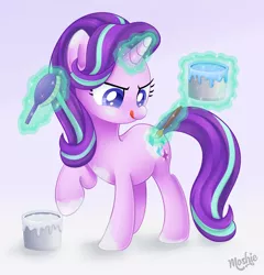 Size: 1280x1336 | Tagged: safe, artist:imoshie, derpibooru import, rarity, starlight glimmer, pony, unicorn, brush, cute, female, glimmerbetes, glowing horn, hairbrush, horn, magic, mare, paint, rarity's cutie mark, solo, telekinesis, tongue out