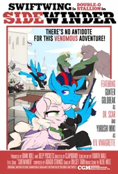 Size: 864x1270 | Tagged: safe, artist:bbsartboutique, derpibooru import, oc, oc:andrew swiftwing, oc:yurushi, unofficial characters only, gryphon, pegasus, pony, snake, unicorn, clothes, dress, james bond, knife, movie poster, poison, secret agent, tuxedo