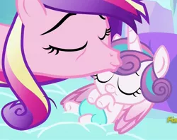 Size: 1339x1061 | Tagged: bags under eyes, derpibooru import, diaper, discovery family logo, eyes closed, forehead kiss, kissing, mama cadence, mother and daughter, platonic kiss, princess cadance, princess flurry heart, safe, screencap, sleeping, the crystalling