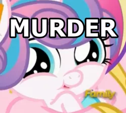 Size: 643x575 | Tagged: safe, derpibooru import, edit, screencap, princess cadance, princess flurry heart, alicorn, pony, the crystalling, baby, blue eyes, close-up, diaper, discovery family, discovery family logo, face of mercy, faic, female, filly, foal, image macro, meme, murder, pure unfiltered evil, text, text edit, watermark