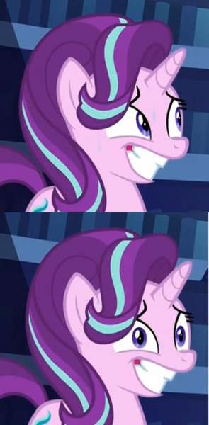 Size: 377x768 | Tagged: derpibooru import, grin, nervous, reaction image, safe, screencap, shit eating grin, smiling, solo, squee, starlight glimmer, the crystalling, wide eyes