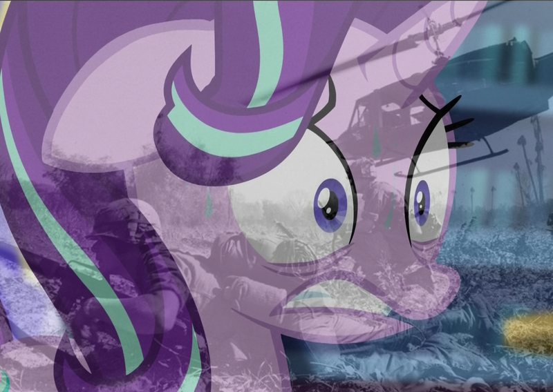 Size: 1522x1080 | Tagged: derpibooru import, edit, edited screencap, flashback, ptsd, ptsd glimmer, screencap, semi-grimdark, solo, starlight glimmer, the crystalling, thousand yard stare, vietnam flashback, vietnam war