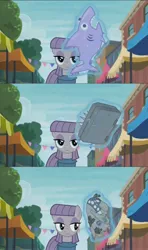 Size: 1920x3240 | Tagged: safe, derpibooru import, screencap, jumpy the shark, maud pie, smarty pants, earth pony, pony, shark, unicorn, inspiration manifestation, the gift of the maud pie, book, female, frown, implied rarity, inspiration manifestation book, levitation, lidded eyes, looking at you, magic, mare, plushie, shark plushie, solo, telekinesis