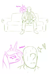 Size: 874x1293 | Tagged: artist:raridashdoodles, bedroom eyes, clothes, comic, couch, crown, derpibooru import, dialogue, human, implied babycon, implied princess flurry heart, jewelry, necktie, oc, oc:anon, open mouth, pants, princess cadance, regalia, shirt, shoes, sitting, smiling, suggestive, suit, sweat, the crystalling, wavy mouth