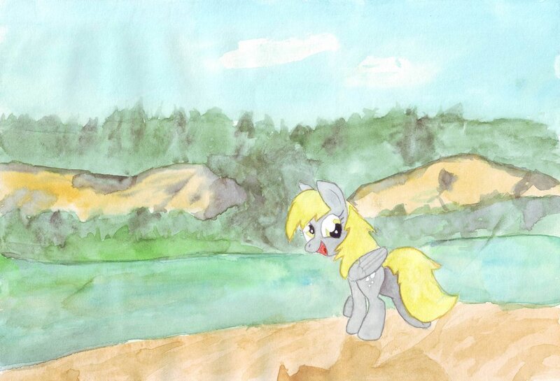 Size: 1024x698 | Tagged: safe, artist:pzkratzer, derpibooru import, derpy hooves, pegasus, pony, female, mare, open mouth, river, sand, solo, traditional art, watercolor painting