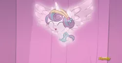 Size: 1090x566 | Tagged: safe, derpibooru import, screencap, princess flurry heart, crystal pony, pony, the crystalling, baby, baby pony, cloth diaper, cooing, crystallized, cute, diaper, discovery family logo, filly, flurrybetes, flying, foal, happy, open mouth, safety pin, smiling