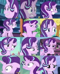 Size: 438x544 | Tagged: safe, derpibooru import, edit, screencap, starlight glimmer, pony, unicorn, the crystalling, blushing, collage, crystal empire, cute, cutie mark, discovery family, discovery family logo, faic, female, floppy ears, glimmerbetes, grin, hair flip, horn, lip bite, mare, nervous, smiling, the many faces of starlight glimmer, train, twilight's castle, watermark