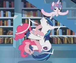 Size: 461x382 | Tagged: 69 position, book, derpibooru import, discovery family logo, misleading thumbnail, not what it looks like, out of context, pinkie pie, princess flurry heart, safe, screencap, shining armor, staircase, the crystalling