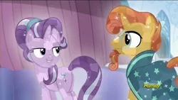 Size: 1920x1080 | Tagged: safe, derpibooru import, screencap, starlight glimmer, sunburst, crystal pony, pony, the crystalling, crystallized, discovery family logo, eye contact, female, grin, lidded eyes, looking back, mare, out of context, plot, smiling