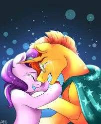 Size: 1280x1575 | Tagged: safe, artist:dragonfoxgirl, derpibooru import, starlight glimmer, sunburst, pony, the crystalling, cape, clothes, crying, female, glasses, male, mare, open mouth, reunion, reunited, shipping, stallion, starburst, straight