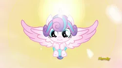 Size: 1090x607 | Tagged: safe, derpibooru import, screencap, princess flurry heart, alicorn, crystal pony, pony, the crystalling, :i, adorable face, baby, baby pony, cute, dawwww, diaper, discovery family logo, filly, flurrybetes, foal, happy, magic, puffy cheeks, smiling, solo, spread wings