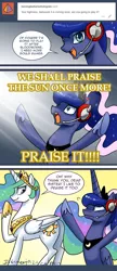 Size: 650x1506 | Tagged: safe, artist:johnjoseco, derpibooru import, princess celestia, princess luna, pony, ask gaming princess luna, gamer luna, comic, dark souls, dialogue, female, headset, jewelry, looking at you, mare, open mouth, plot, praise the sun, raised hoof, regalia, smiling, speech bubble, sunbutt, tumblr