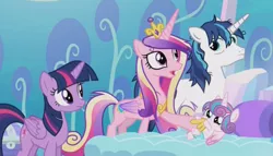 Size: 1072x614 | Tagged: safe, derpibooru import, screencap, princess cadance, princess flurry heart, shining armor, twilight sparkle, twilight sparkle (alicorn), alicorn, pony, the crystalling, cute, female, flurrybetes, frown, hoof sucking, mare, messy mane, open mouth, wide eyes