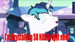 Size: 1920x1080 | Tagged: safe, derpibooru import, edit, edited screencap, screencap, shining armor, pony, the crystalling, caption, cracked armor, crystalling, derp, drug use, drugs, exploitable meme, faic, floppy ears, male, meme, messy mane, meth, not even once, open mouth, out of context, smiling, solo, stallion, stubble, wide eyes