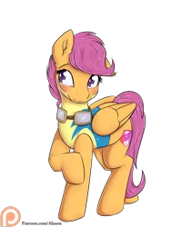 Size: 1280x1600 | Tagged: artist:alasou, blushing, cute, cutealoo, derpibooru import, goggles, patreon, patreon logo, raised hoof, safe, scootaloo, simple background, solo, transparent background, wonderbolt trainee uniform