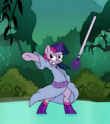 Size: 1200x1350 | Tagged: safe, artist:dfectivedvice, artist:oncewasmine, derpibooru import, twilight sparkle, pony, bipedal, crossover, jedi, lightsaber, magic, solo, star wars, swamp, telekinesis, weapon