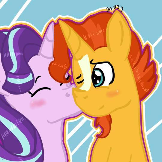 Size: 540x540 | Tagged: safe, artist:apple-jazzy, derpibooru import, starlight glimmer, sunburst, the crystalling, blushing, cute, eyes closed, female, kissing, male, shipping, smiling, starburst, straight, wink