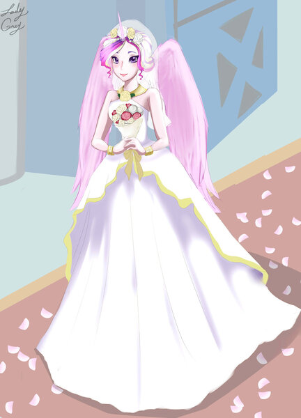 Size: 1024x1423 | Tagged: artist:sironien-winter, bouquet, clothes, derpibooru import, dress, horned humanization, human, humanized, pretty, princess cadance, safe, solo, wedding dress, winged humanization