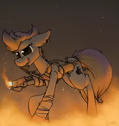 Size: 1005x1055 | Tagged: artist:sinrar, derpibooru import, earring, fallout equestria, fire, flamethrower, oc, oc:sizzle, piercing, safe, solo, unofficial characters only, weapon
