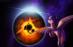 Size: 2500x1600 | Tagged: safe, artist:bluenight01, derpibooru import, twilight sparkle, twilight sparkle (alicorn), alicorn, pony, apocalypse, black hole, destruction, female, mare, nebula, planet, solo, space, underhoof