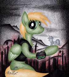 Size: 1024x1145 | Tagged: safe, artist:thechrispony, derpibooru import, oc, oc:littlepip, oc:murky, unofficial characters only, pony, unicorn, fallout equestria, fallout equestria: murky number seven, fanfic, clothes, fanfic art, female, figurine, fillydelphia, hooves, horn, looking at you, male, mare, pipbuck, solo, stallion, traditional art, vault suit, wings