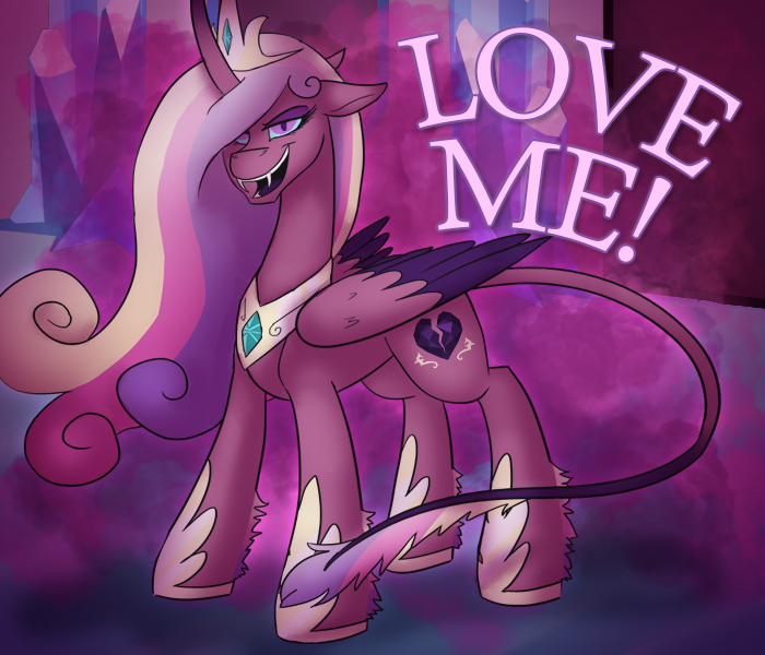 Size: 700x600 | Tagged: alternate version, artist:wiggles, ask king sombra, curved horn, dark magic, derpibooru import, leonine tail, magic, nightmare cadance, nightmarified, possessed, princess cadance, safe, slit eyes, solo, text