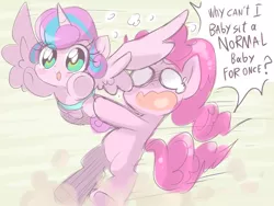 Size: 1600x1200 | Tagged: safe, artist:thegreatrouge, derpibooru import, pinkie pie, princess flurry heart, alicorn, earth pony, pony, the crystalling, babysitting, cute, dialogue, diapinkes, female, filly, flurrybetes, mare, open mouth, scene interpretation