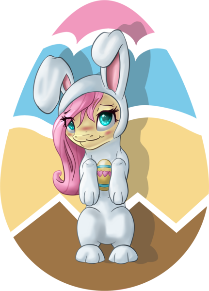 Size: 1961x2728 | Tagged: artist:itresad, blushing, derpibooru import, easter, easter egg, fluttershy, fs bunny suit, safe, simple background, solo, transparent background