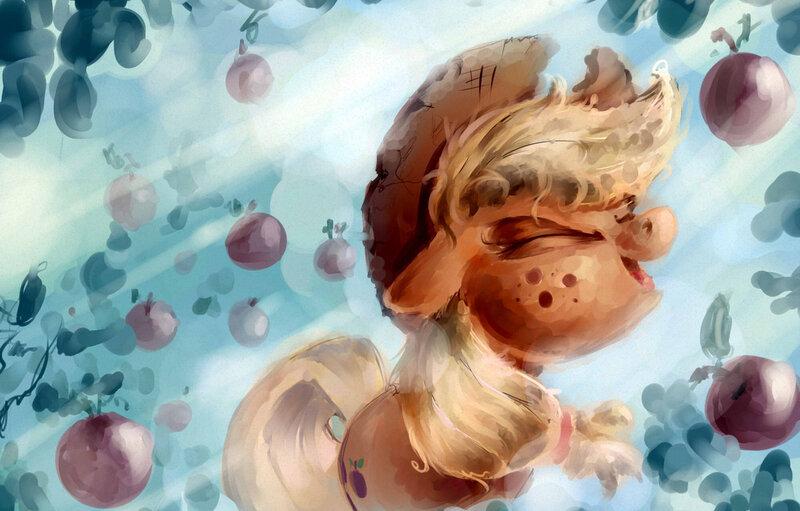 Size: 1280x818 | Tagged: apple, applejack, artist:v747, crepuscular rays, derpibooru import, eyes closed, floppy ears, food, safe, solo