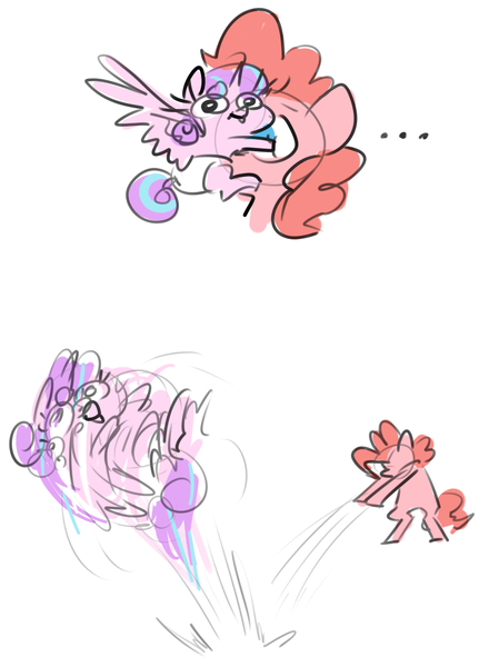 Size: 885x1208 | Tagged: safe, artist:nobody, derpibooru import, pinkie pie, princess flurry heart, pony, the crystalling, ..., :p, :t, abuse, bipedal, eye scream, flurrybuse, simple background, sketch, spread wings, throwing, tongue out, white background, wide eyes