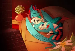 Size: 3839x2622 | Tagged: safe, artist:probablyfakeblonde, derpibooru import, star catcher, oc, oc:andrew swiftwing, pegasus, pony, canon x oc, couch, couple, cuddling, cutie mark, eyes closed, female, fireplace, flower, hug, male, mare, shipping, smiling, snuggling, stallion