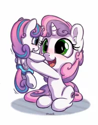 Size: 1100x1400 | Tagged: safe, artist:bobdude0, derpibooru import, princess flurry heart, sweetie belle, alicorn, pony, unicorn, the crystalling, baby, baby pony, blushing, cute, diaper, diasweetes, filly, flurrybetes, foal, holding a pony, light blue diaper, weapons-grade cute