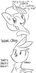 Size: 792x1584 | Tagged: safe, artist:tjpones, derpibooru import, twilight sparkle, twilight sparkle (alicorn), alicorn, gryphon, pony, the crystalling, black and white, comic, female, frown, glare, grayscale, mare, monochrome, open mouth, racism, simple background, smiling, that's racist, white background