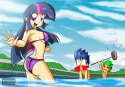 Size: 3054x2126 | Tagged: armpits, artist:ryured, bikini, blood, breasts, busty twilight sparkle, clothes, derpibooru import, female, flash sentry, hammer, human, humanized, human spike, imminent death, jealous, nosebleed, sledgehammer, spike, suggestive, swimming pool, swimsuit, this will end in tears and/or death, topless, twibutt, twilight sparkle