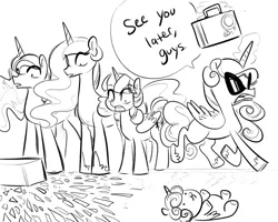 Size: 1000x800 | Tagged: safe, artist:glacierclear, derpibooru import, princess cadance, princess celestia, princess flurry heart, princess luna, twilight sparkle, twilight sparkle (alicorn), alicorn, pony, the crystalling, crystal heart, female, mare, monochrome, princess bitchdance, sketch