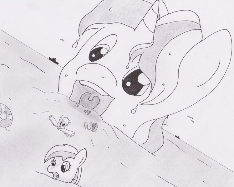 Size: 3035x2434 | Tagged: questionable, artist:ponysubmarine, derpibooru import, oc, oc:boosted snail, unofficial characters only, pony, fetish, giant pony, macro, maw, monochrome, ocean, open mouth, traditional art, uvula, vore, water