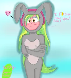 Size: 1024x1121 | Tagged: safe, artist:mildockart, derpibooru import, lemon zest, equestria girls, friendship games, blushing, bunny costume, censored, clothes, crossed arms, dialogue, easter, easter bunny, easter egg, frown, headphones, heart, looking at you, signature, solo, speech, tsundere, unamused, vulgar