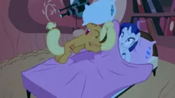 Size: 1920x1080 | Tagged: applejack, bed, derpibooru import, great moments in animation, look before you sleep, rarity, safe, screencap, spiderjack