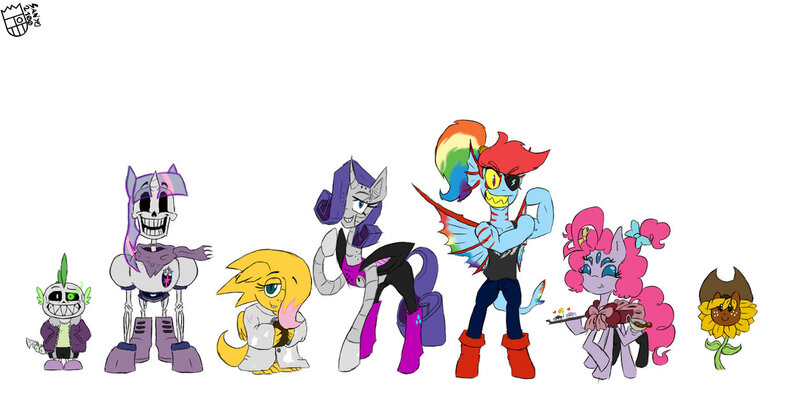 Size: 1264x632 | Tagged: alphys, applejack, artist:sanyo2100, derpibooru import, flowey, flutteralphys, fluttershy, mane seven, mane six, mettaton, muffet, papyrus (undertale), pinkie pie, rainbow dash, rainbowdyne, rariton, rarity, safe, sans (undertale), spike, spoilers for another series, twilight sparkle, undertale, undyne, wtf