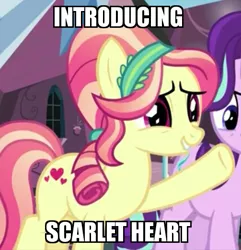 Size: 503x522 | Tagged: safe, derpibooru import, edit, edited screencap, screencap, ruby love, scarlet heart, crystal pony, pony, the crystalling, background pony, cropped, female, image macro, mare, meme, solo, solo focus