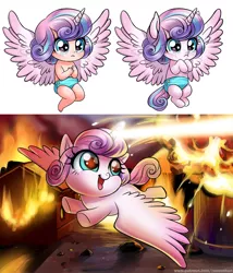 Size: 900x1051 | Tagged: safe, artist:racoonsan, derpibooru import, princess flurry heart, human, pony, the crystalling, beam, crying, cute, destruction, fire, flurrybetes, flying, frown, happy, horned humanization, humanized, magic, open mouth, pouting, sad, smiling, solo, spread wings, winged humanization
