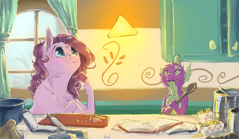 Size: 4000x2335 | Tagged: safe, artist:cuttledreams, derpibooru import, pinkie pie, spike, chips, cooking, food, kitchen, nachos