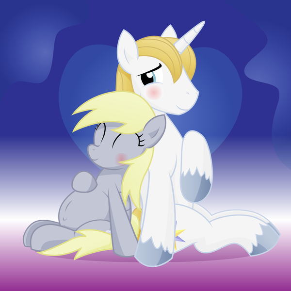 Size: 10800x10800 | Tagged: safe, artist:xniclord789x, derpibooru import, derpy hooves, prince blueblood, pegasus, pony, absurd resolution, back to back, belly, blushing, crack shipping, derpblood, female, mare, pregnant, shipping, unnecessary shipping