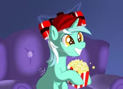 Size: 1800x1300 | Tagged: artist:soulfulmirror, cap, derpibooru import, drinking hat, food, hat, hype, irrational exuberance, lyra heartstrings, popcorn, safe, smiling, solo