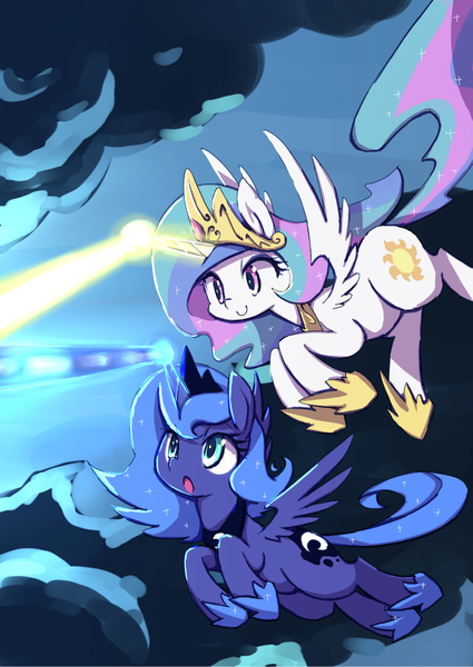 Size: 800x1130 | Tagged: safe, artist:kolshica, derpibooru import, princess celestia, princess luna, alicorn, pony, the crystalling, blast, cute, female, flying, lunabetes, magic, magic beam, magic blast, mare, open mouth, royal sisters, s1 luna, siblings, sisters, smiling