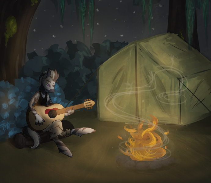 Size: 1280x1111 | Tagged: anthro, artist:lonerdemiurge_nail, bonfire, clothes, commission, derpibooru import, fire, guitar, hike, melancholy, night, oc, oc:paruru, safe, solo, stars, tent, unofficial characters only, zebra