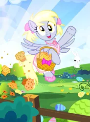 Size: 735x1000 | Tagged: safe, artist:pixelkitties, derpibooru import, angel bunny, derpy hooves, pegasus, pony, alternate hairstyle, basket, clothes, cute, derpabetes, dress, easter, female, food, mare, muffin, open mouth, that pony sure does love muffins